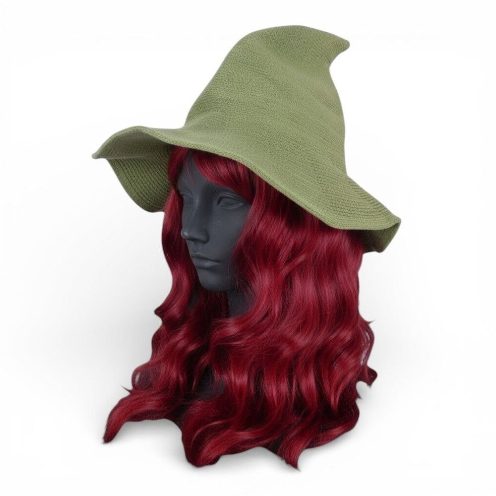 Sage Green Knit Pointy Witch Hat Soft Textured Wide Brim Accessory - Picture 6 of 6